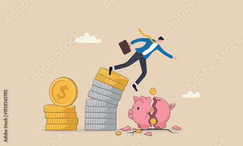 Financial instabilit recession, crisis or bankruptcy concept, businessman investor falling from stack of unstable money coins.