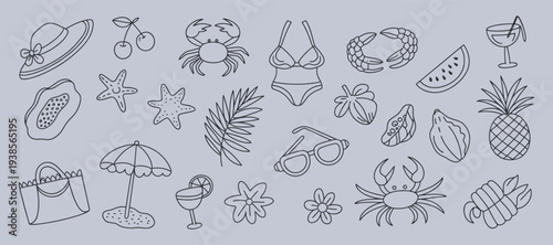 Summer Vacation Icons Collection: Beach Hat Bikini Fruit Crab Tropical Leaves