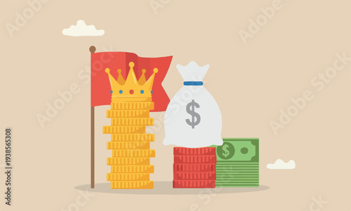 Cash is king flag pillars flag on red pillars or investor prepare cash to buy stock in economic crisis concept, stack of money dollar coins and money bag with precious king golden crown