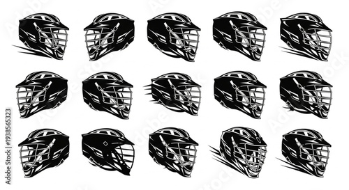 Collection of Lacrosse Helmets in Black and White Graphic Style.
