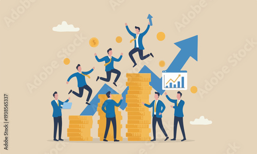 Pay raise salary, teams together profit earning rising up, career development or wealth management concept, happy businessman jumping on rising money coin stack
