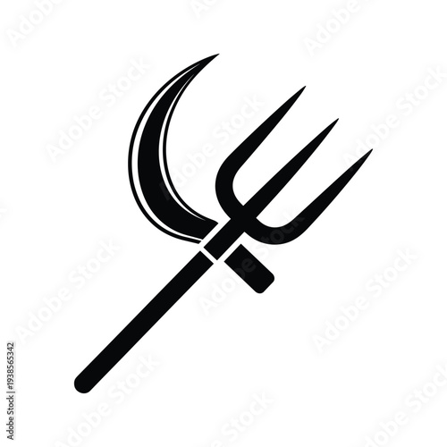 Black and White Stylized Trident and Crescent Blade Scythe Vector Illustration