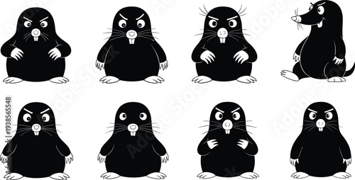 Cartoon mole illustrations, black and white, expressive faces, varied posture, front-facing, profile view, animal design, vector art, character set