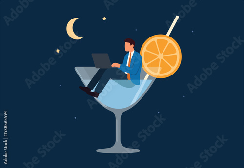 Work anywhere anytime, hybrid work or flexible hour for employee choice to choose where and when to work concept, businessman relax working remotely with computer laptop in cocktail glass at night