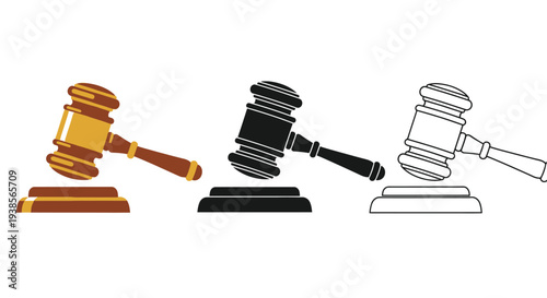 Collection of gavel illustrations in various styles and colors for legal themes