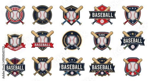 Collection of Baseball Emblems and Badges with Bats and Balls.