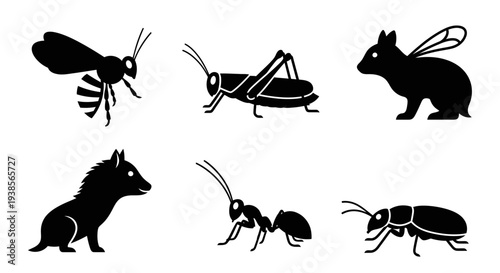 Insect and Small Animal Silhouettes Collection: Wasp, Grasshopper, Ant, Beetle, Weasel Icons