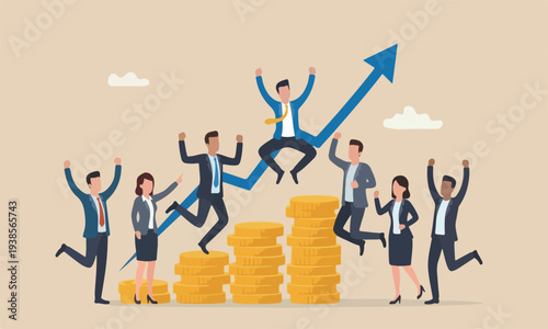 Pay raise salary,meeting teams together profit earning rising up, career development or wealth management concept, happy businessman jumping on rising money coin stack