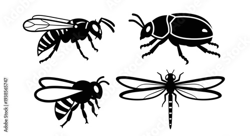 Insect Silhouettes: Bee, Wasp, Beetle, and Dragonfly Vector Icons