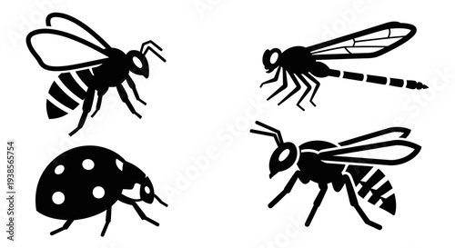 Insect Silhouettes Collection: Bee, Dragonfly, Ladybug, and Wasp Icons