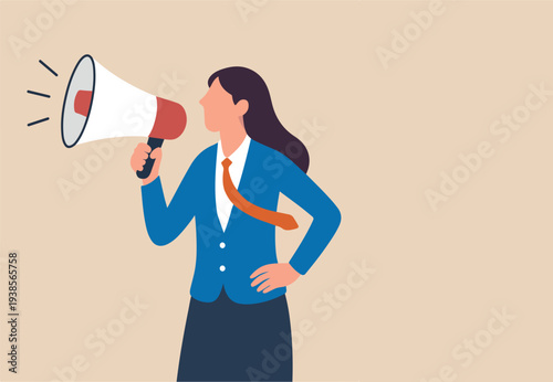 Speak up, communicate with confidence, telling the truth or presentation skill, storytelling, speaker, presentation or shout out concept, confidence businesswoman leader speak out loud on megaphone.