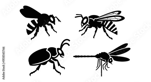 Insect Silhouettes Collection: Bee, Wasp, Beetle, and Mosquito Icons