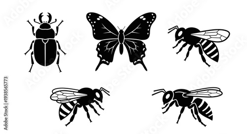 Insect Silhouettes Collection: Beetle, Butterfly, and Bees on White Background