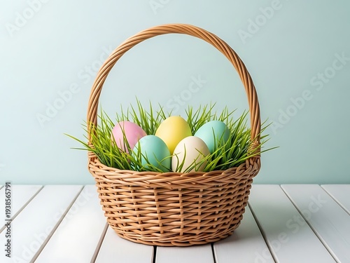 Easter basket with colorful eggs and grass on white wooden table for spring holiday