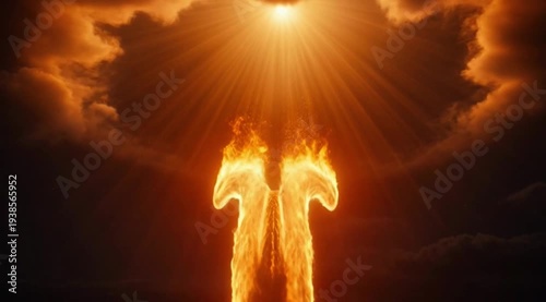 Heavenly light opens in the night sky, the fire of the Holy Spirit descends slowly like a golden flame, spiritual atmosphere, divine light, cinematic, 4K, dramatic lighting.