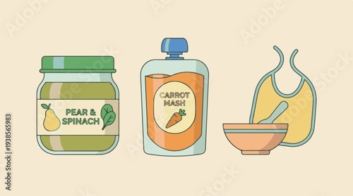Baby food jars, pouches, and feeding accessories illustration