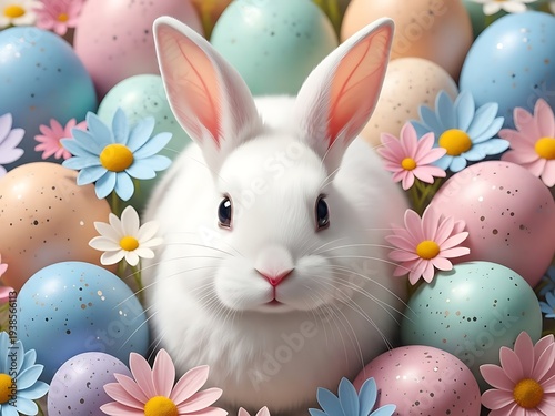Easter basket delight white bunny surrounded by colorful eggs and flowers