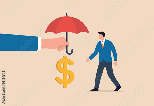  Income protection, security or safety guard protect investment profit, wealth preservation or insurance, risk management concept, businessman hand offer umbrella to protect dollar sign money.