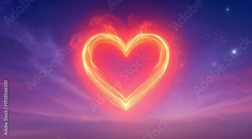 Golden and red spiritual flames form a glowing heart symbol in the air, light particles surround it, heavenly sky background, spiritual visual