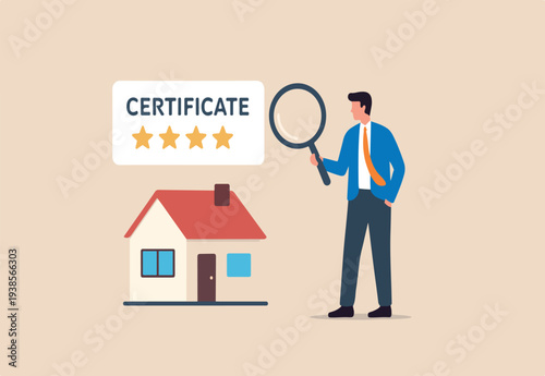 Property appraisal or price evaluation, housing assessment for market value, residential sale, rating or real estate review concept, businessman appraiser magnifier review property with star rating.