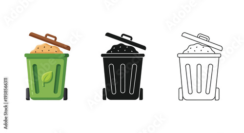 Vector illustration of three different colored trash cans with open lids and food waste