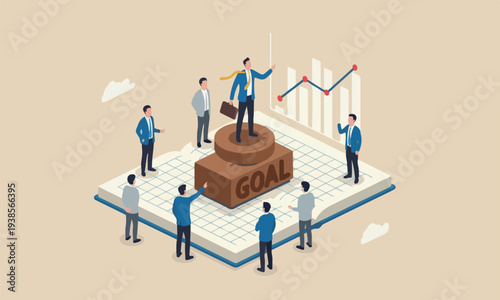Business goal miniature businessman leader standing on wooden stamp with alphabet building the word GOAL on graph paper notebook with other people admiring