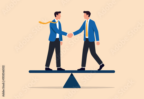 Negotiation for business winning, agreement or partnership deal for both benefit, merger and acquisition, professional talk concept, businessman handshake with success negotiation over balance seesaw.