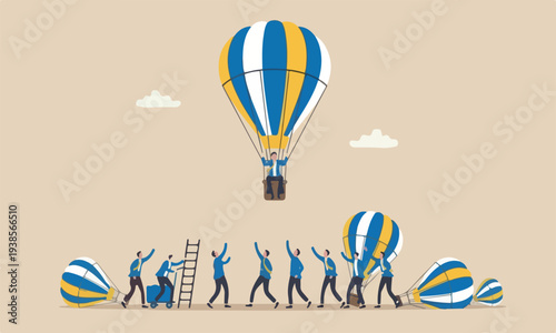 Differentiate competitors, stand out or much better from others, difference, unique or outstanding concept, initiative businessman flying with balloon stand out from other same competitors