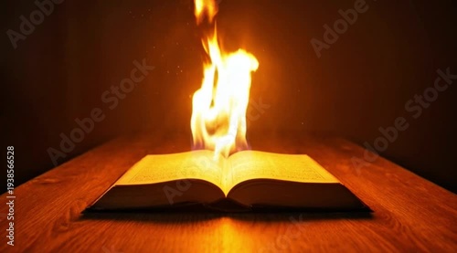 The holy book is open on a wooden table, the fire of the Holy Spirit emerges from the pages of the book and rises into the air, golden light illuminates the dark room, spiritual cinematic effect