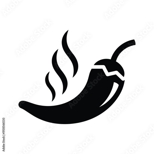Spicy Chili Pepper Silhouette Icon with Heat Steam Waves, Black and White Hot Food Graphic
