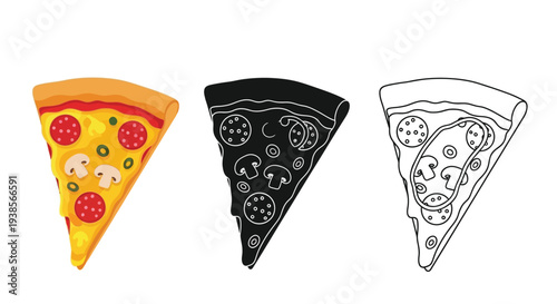 Colorful pizza slice vector graphic illustration with black and white variations in a row