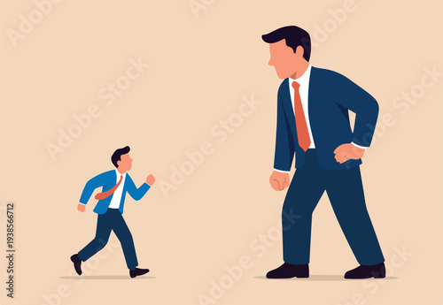 Entrepreneur or small business to fight with large company, fear in business competition, threats or conflict concept, s at big company competitor in same business or industry.