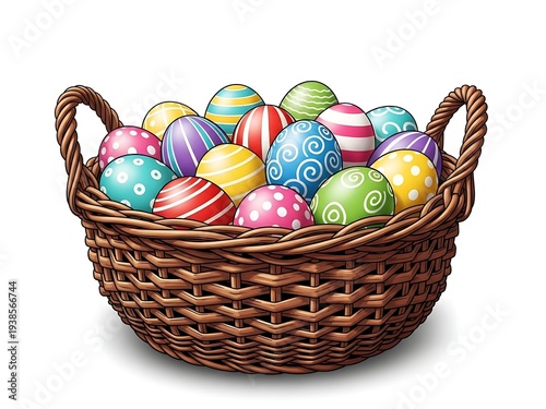 Vibrant easter basket filled with colorful decorated eggs on white background