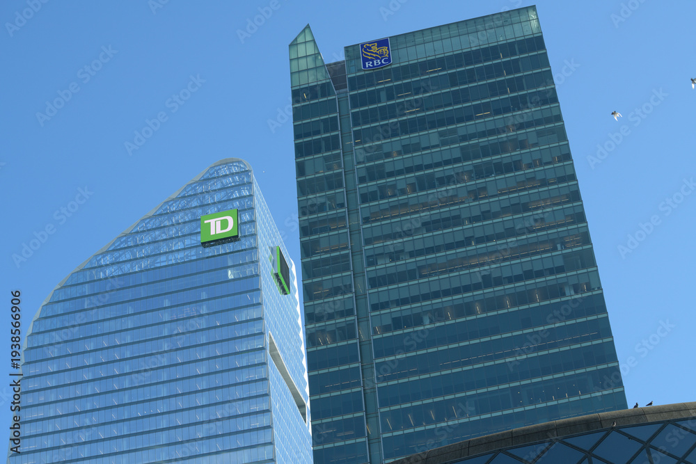Fototapeta premium looking up at TD Terrace (left) and RBC Centre (right) on Simcoe St between Wellington St W and Front St W, Toronto