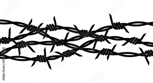 A stark black and white illustration displays tightly coiled barbed wire against a white background creating a silhouette high quality professional