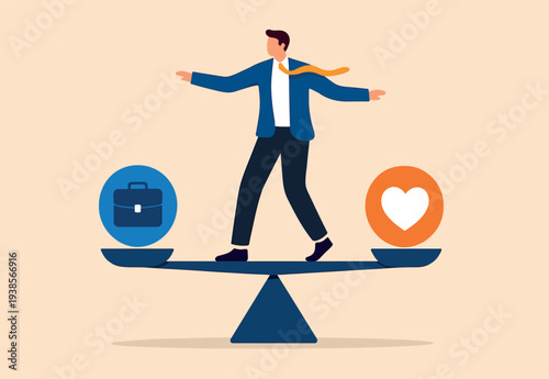  Work life balance, equilibrium or equality, concentration or stability, challenge or risk management concept, confidence businessman balance himself on stable weigh metaphor of life balance.