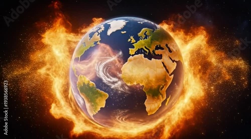 Planet Earth seen from space, the fire of the Holy Spirit glows around the earth like divine energy, golden light and sparkling spiritual particles, cinematic cosmic style