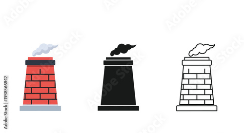 Industrial chimneys with smoke illustrations in various designs and styles together neatly