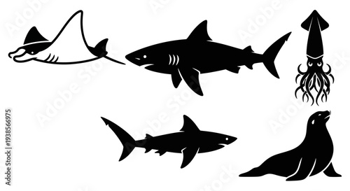 Marine Animal Silhouettes Set: Shark, Manta Ray, Squid, and Seal Icons