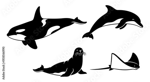 Marine Animals Silhouette Collection: Orca, Dolphin, Seal, Manta Ray Vector Art