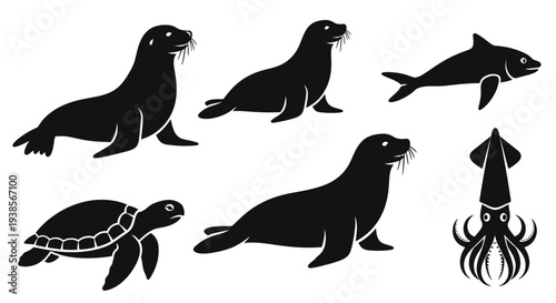 Marine Animals Silhouettes Set: Seals, Shark, Turtle, and Squid Vector Icons