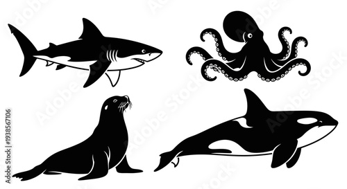 Marine Animals Silhouettes Set: Shark, Octopus, Seal, and Orca Icons