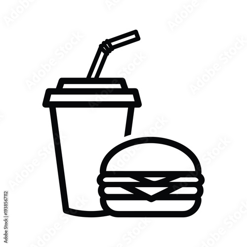 Minimalist Fast Food Burger and Soda Cup Line Art Illustration on White Background