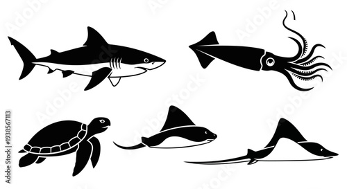 Marine Animals Silhouettes Set: Shark, Squid, Turtle, Stingray, Sawfish Icons