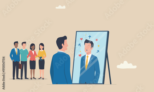 Self acceptanc yourself, key to success, confidence and positive thinking, attitude or mindset for leader concept, confidence businessman appreciate his self reflection on mirror.