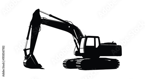 A stark black depiction of a heavy duty excavator machine showcasing its powerful construction form silhouette high quality professional detailed