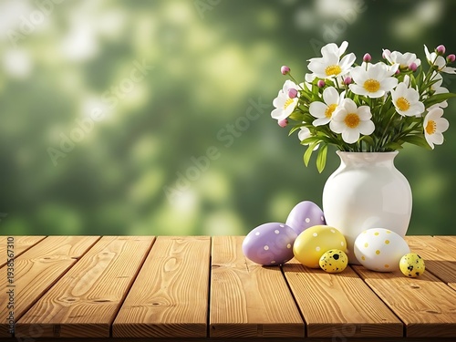 Easter basket concept with spring florals and colorful eggs on wooden table