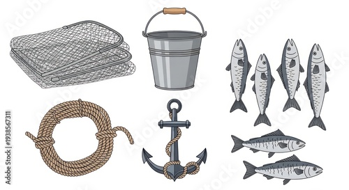 Fishing tools and catch illustration net bucket fish rope and anchor