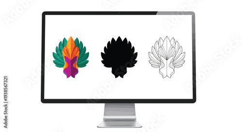 Modern computer monitor displaying a colorful vector logo design in multiple formats