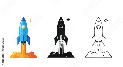 Vector graphic illustration of three rockets launching into space with different design styles